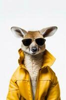 Close up of dog wearing sunglasses and yellow jacket with hood. Generative AI photo