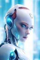 Futuristic woman with headphones and futuristic suit is looking at the camera. Generative AI photo