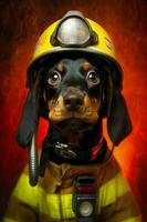 Black and brown dog wearing fireman's helmet and goggles. Generative AI photo