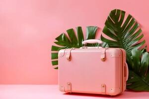 Pink suitcase sitting next to large green plant on pink background. photo