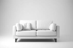 White couch with white pillows on it and white wall in the background. Generative AI photo