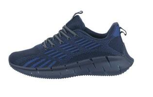 Blue rag sneaker with gray stripes on a white background. photo