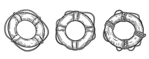 Set of lifebuoy with rope isolated sketch. Hand drawn life ring in engraving style collection. vector