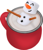 Christmas hot chocolate with fun marshmallow snowman in red cup. png