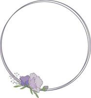 Round frame with purple flowers. Botanical template with flowers. Vector illustration