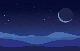 Desert in night sky background view. Crescent above the desert. Vector illustration