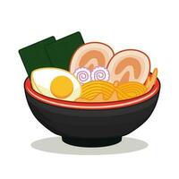 Ramen Noodle Bowl with Nori seaweed Egg Meat and naruto condiment in white background flat design vector illustration