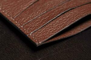 Part of a brown leather wallet or purse close-up. photo