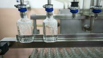 A row of glass bottles on a conveyor belt for the production of alcoholic beverages. photo
