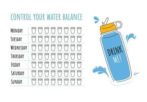 Water tracker vector template. Drinking water checklist. Water tracker with cool water bottle. Vector illustration. Doodle style. Flat style