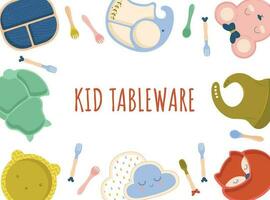 Kid tableware set children dish flat design vector. Baby silicone tableware set. Set of children's bowls, plates and bib. Baby tableware. Nutrition and feeding concept. vector