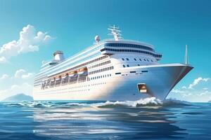 White cruise liner moving to the sea at cloudy day photo