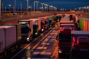 a long traffic jam of many trucks at the border , a long wait for customs checks between States due to the coronavirus epidemic, increased sanitary inspection of cargo transport photo