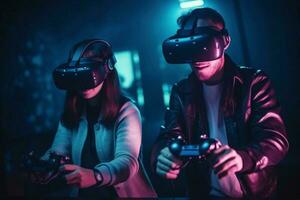 Man and woman playing game using virtual reality headset and gamepads in the dark room of the playing club Generative AI photo