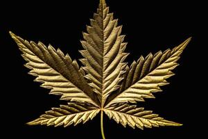 Golden marijuana leaf. Hand drawn narcotic cannabis design element. Hemp illustration isolated over black background. photo