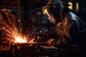 Welder on steel structure in factory photo