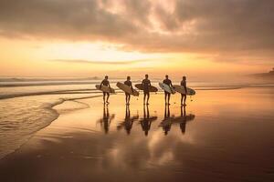 Four surfers walk along the beach Generative AI photo