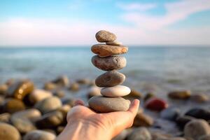 Pebbles on the beach at sunset. Wallpaper, background. Sea pebbles background. Balance, harmony and meditation concept Generative AI photo