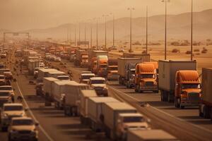 a long traffic jam of many trucks at the border , a long wait for customs checks between States due to the coronavirus epidemic, increased sanitary inspection of cargo transport photo