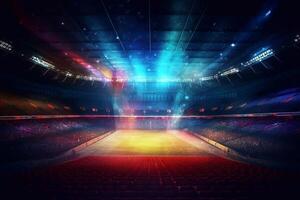 green field in soccer stadium. ready for game in the midfield photo