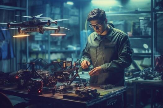 Engineer testing a military-grade drone in laborator photo