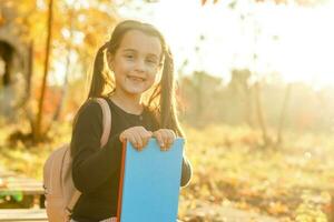 otoño temporada ocio. atmósfera de otoño. adorable sonriente Chica de escuela otoño follaje antecedentes. bueno humor. contento niño. Bienvenido octubre. unido con naturaleza. pequeño niño caminar en otoño parque. foto