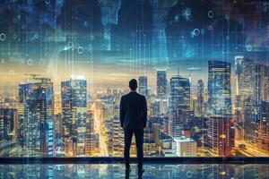 Back view of businesswoman working with virtual panel and night city at background photo