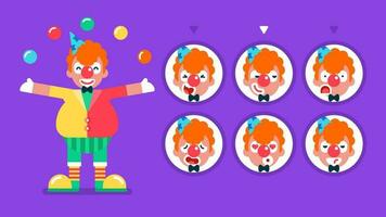 contento payasos en diferente emociones, alegre brillante payaso con de colores ropa y rojo nariz, hacer juegos malabares pelotas en aire, sonriente, reír, sorprendido, admirar con corazones ojos, plano avatar vector