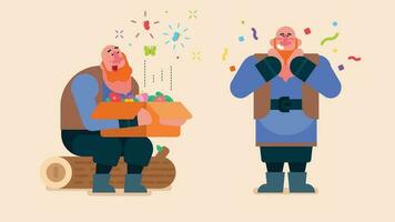 Kind giant openning a cardboard box and Surprised by butterflies flying, large bald giant sitting on Tree trunk,  Feel with love and happiness, Flat avatar vector illustration