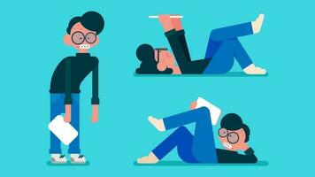 Lazy Man wear black shirt and Jeans Pant, laid off the floor and watching movies on his Tablet, nerd with glasses  take a rest and relaxing, Flat avatar vector illustration.