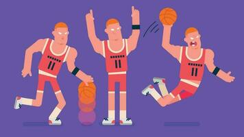 basketball player with red basketball wear, running with ball and make super slam dunk, red hair player reviewing himself after scoring points, Flat avatar vector illustration.