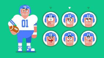 American football sportsman player with ball in action, proud footballer in different poses and emotions, wear blue helmet and white t-shirt ready to play, Flat avatar vector