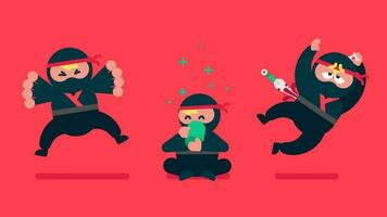 Tiny ninja with traditional ninja suit, Cartoon Japanese in different poses, ninja gets hurt by kunai and blood drips from him, Drink matcha green tea, cowardly ninja shivering with fear, Flat avatar vector