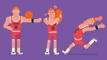 basketball player with red basketball wear, run away fast, red hair player love his ball and give her a hug, Trying to Impress Showing Muscles, Flat avatar vector illustration