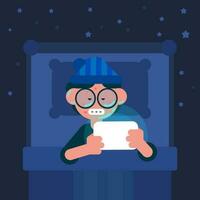 Lazy Man wear pajamas and laying on bed at night, holding his tablet, getting ready for bed, watching movies in dark, nerd with glasses take a rest, Flat avatar vector illustration.