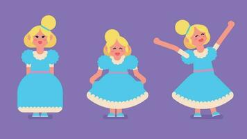 Happy princess wear baby blue dress with different sets, kind cute girl with blonde hair Greetings people, Flat avatar vector illustration.