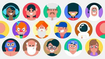 User icons of men and women of different nationalities on multicolor background, People avatars set, Happy users in circles, Different round face profiles, Flat vector avatars