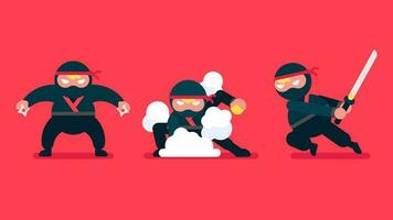 Tiny ninja with traditional ninja suit, Cartoon Japanese warrior with sword in different poses, attacks with katana or throws shuriken, Set of ninja characters showing different actions, flat avatar. vector