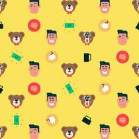 Set of Vector Patterns with Flat characters, Teddy bear and normal guy with money, coffee, job case and honey icons, Flat avatar vector