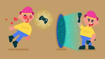 Flat kid playing video games, love video games, catching up with the joystick, gamer boy avatar Open gate of time with a virtual reality controller, Flat avatar vector illustration.