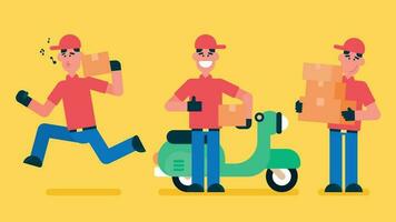 Delivery man running fast to give an order, with Ok sign standing next to his bike and carry cardboard box, Delivery with red cap, Flat avatar vector illustration.