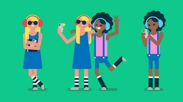 Two teenagers take a selfie with mobile phone, blonde teenage girl carry a book and her cell phone, black african afro girl wear headphone and chat her friend, Flat avatar vector illustration.