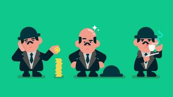 Angry Businessman Enjoying drinking cup of coffee, short man takes off his hat and shows his shiny bald head, put coin on top of Coin Stack,  Flat avatar vector illustration.