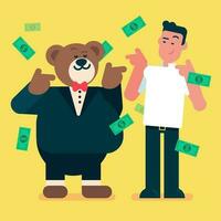Teddy bear wear Black suit celebrate with normal guy, Money falling from sky, businessman bear Happy with high profits, brown bear Flat avatar vector illustration.