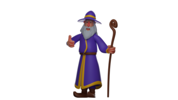 3D illustration. Sweet wizard 3D cartoon character. Witch stood up and gave a thumbs up sign. The old witch smiled and looked happy. Witch showed a proud expression. 3D cartoon character png