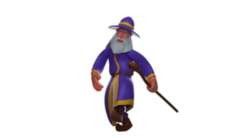 3D illustration. Happy witch 3D cartoon character. Wizard in a stepping pose. The sweet-looking old witch spread her smile along the way. 3D cartoon character png