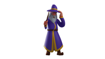 3D illustration. Dizzy Witch 3D cartoon character. Old wizard wears a wide-brimmed hat and a luxurious purple robe. The old witch showed a dizzy expression while holding his head. 3D cartoon character png