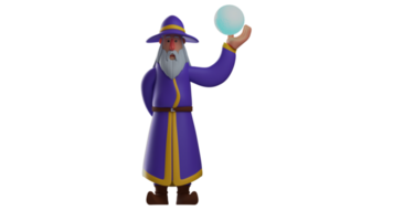 3d illustration. amical sorcière 3d dessin animé personnage. sorcière avec une flamboyant orbe dans un main. le vieux sorcière sourit gentiment à n'importe qui il rencontré. 3d dessin animé personnage png