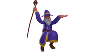 3D illustration. Haughty wizard 3D cartoon character. A witch in a sitting pose holding his magic wooden staff. The old witch wears a purple robe. 3D cartoon character png