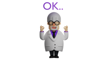 3D illustration. Relaxing Professor 3D cartoon character. The Professor shows an okay sign with both hands. The professor smiled broadly and looked sweet. 3D cartoon character png
